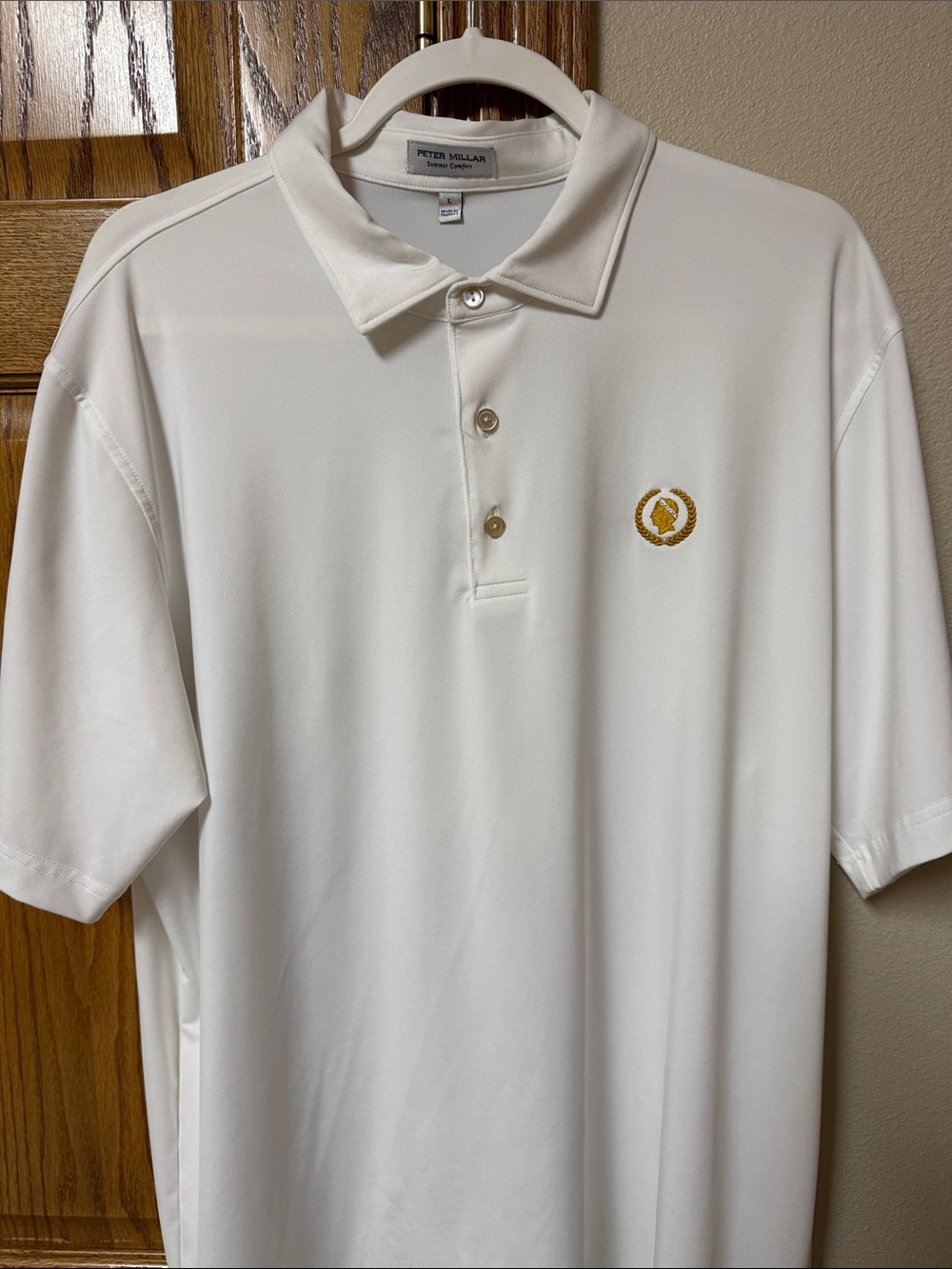 Peter Millar White Polo with Gold Embroidered Crest